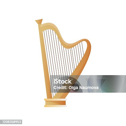 istock Old ancient musical instrument wood harp with many strings 1208358953