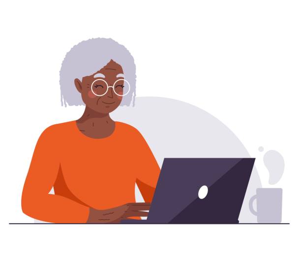 Old and mature African happy woman sitting at desk and working on laptop computer. Vector flat stock illustration for home office, strong woman at work, freelancing, studying, education Flat vector illustration older woman stock illustrations