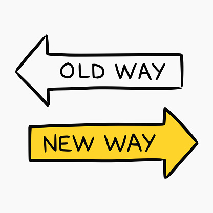 Hand drawn doodle style illustration of two road signs representing the new way and old way approach to business