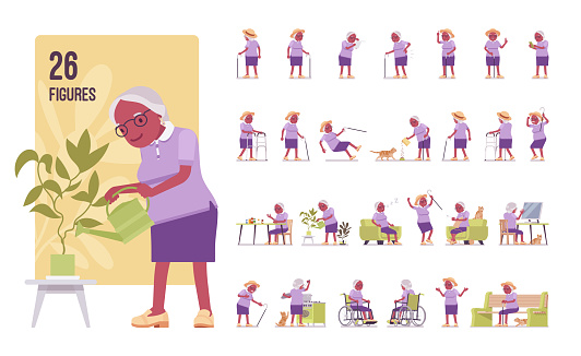Old black woman set, elderly person with cane pose sequences