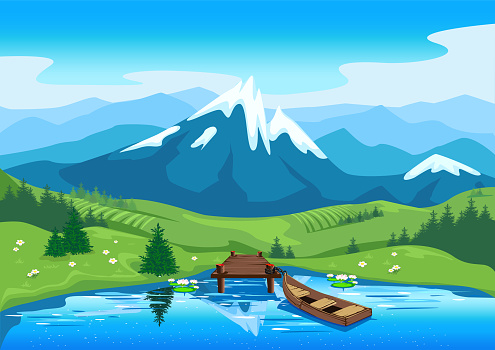 Beautiful rural landscape with a river in the reeds, trees, water lilies and a boat. The old boat is tied to the pier. Background vector illustration.