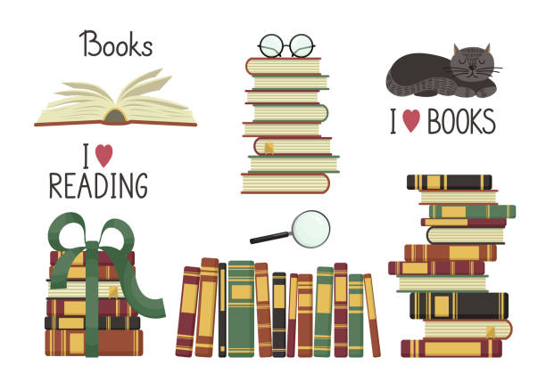 ilustrações de stock, clip art, desenhos animados e ícones de old books set. - book cat