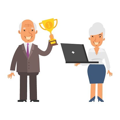 Old business woman holding laptop and smiling. Old businessman holding gold cup and smiling. Vector characters