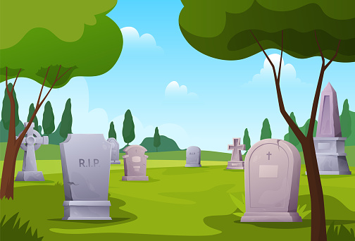 Old cemetery landscape at summer sunny day vector flat illustration gravestones memorials with RIP