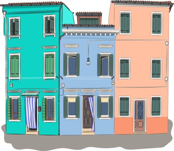 illustrazioni stock, clip art, cartoni animati e icone di tendenza di vecchie case colorate sull'isola di burano. venezia. - burano