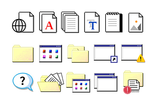 Old computer icons. Retro pixel signs. Yellow folders of files and white sheets of documents. Isolated flat style nostalgic set. Data storage, information organization. Vector electronic symbols