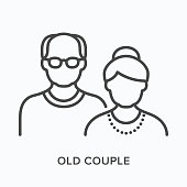 istock Old couple flat line icon. Vector outline illustration of grandfather and grandmother. Black thin linear pictogram for senior people 1305954250