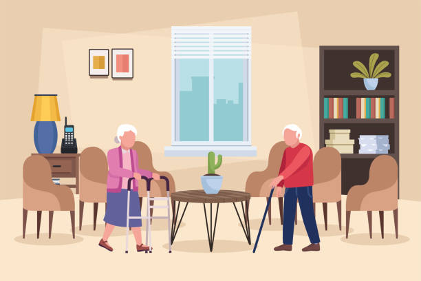 old couple in the home vector art illustration
