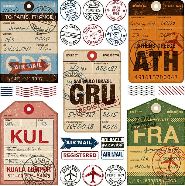Old Fashioned Airport Luggage Tags Icon Set A set of various simple luggage tag icons from a wide variety of airports. Isolated on white. Download includes an AI10 EPS file as well as a high resolution RGB JPEG. The grunge tags don't contain any transparencies however the text and stamps have a Multiply opacity so you can see the grunge texture of the tag underneath.  airport clipart stock illustrations
