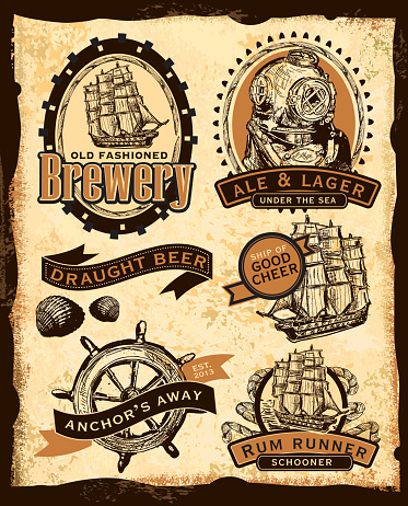 Old fashioned nautical themed beer labels