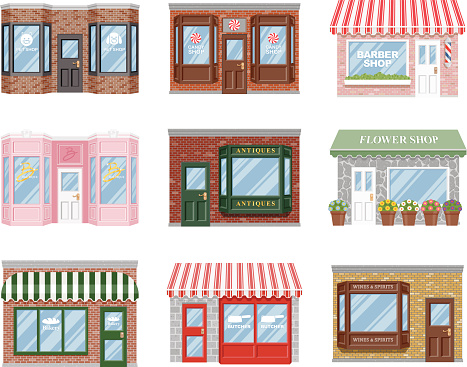 A set of old fashioned store fronts with a variety of subjects: A florist, boutique, pet store, candy shop, antiques dealer, bakery, barber, and wine shop. File contains no gradients.