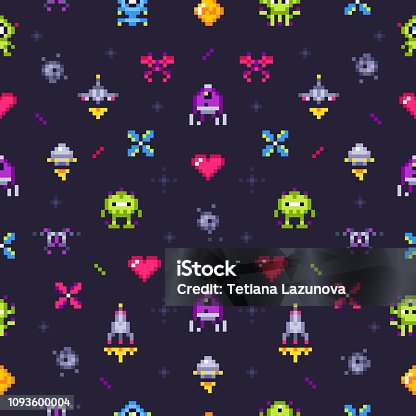 istock Old games seamless pattern. Retro gaming, pixels video game and pixel art arcade vector background illustration 1093600004