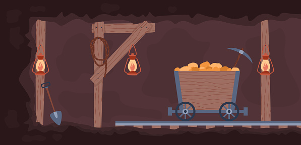 Old gold mine with cart full of gold and pickaxes, flat vector illustration.
