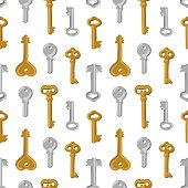 istock Old Keys Hand Drawn Seamless Pattern. Gold and Silver Vintage Keys Vector Background 1399793996