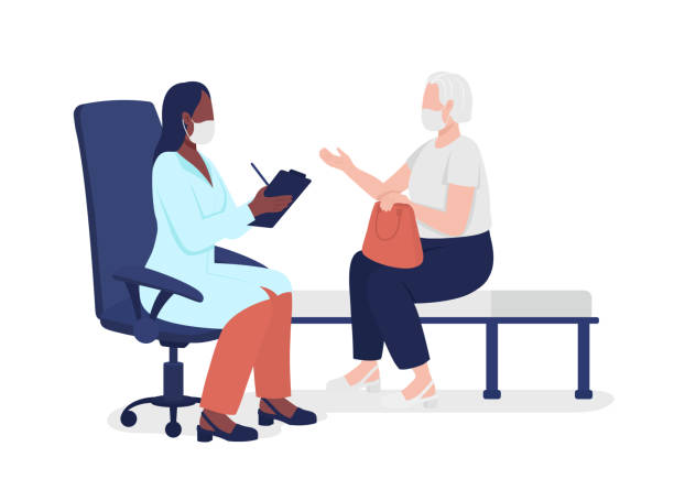 old lady consulting with physician semi flat color vector characters - doctor and patient stock illustrations