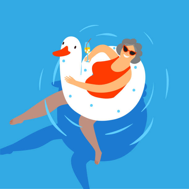 illustrations, cliparts, dessins animés et icônes de vieille dame nageant dans une piscine avec un cocktail. - retraite