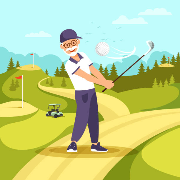 bildbanksillustrationer, clip art samt tecknat material och ikoner med old man i uniform spela golf med klubb och boll - retirement overview