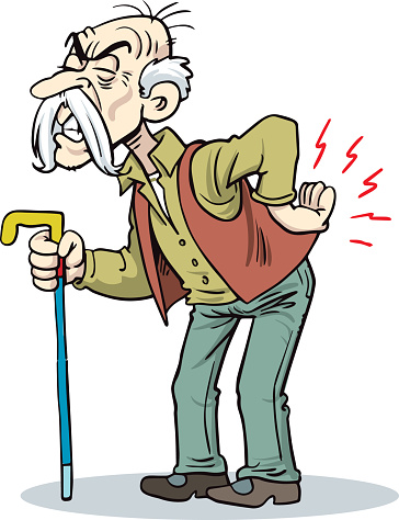 Old man with a cane. An elderly man suffering from back pain