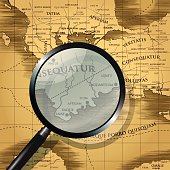 Magnifying glass focused on old abstract map. Vector illustration