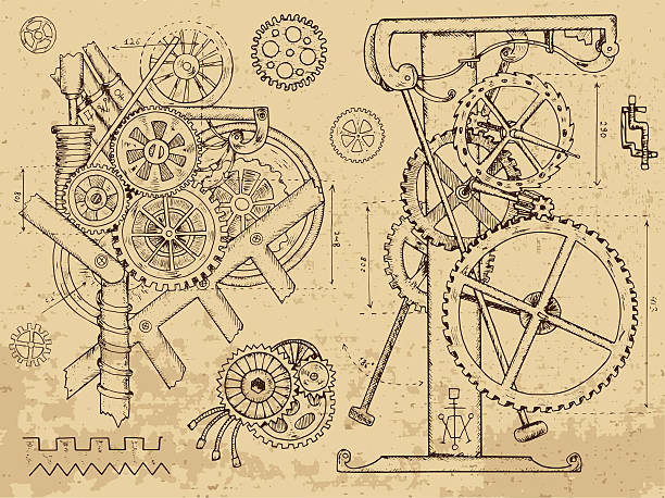 Old mechanisms and machines in steampunk style Retro mechanisms and machines in steampunk style on textured background. Hand drawn graphic illustration, sketch tattoo, retro technology collection with cogs, gear and wheels mechanic drawings stock illustrations