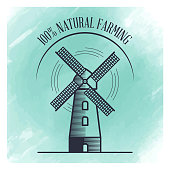 Vector farming badge design over watercolor background.