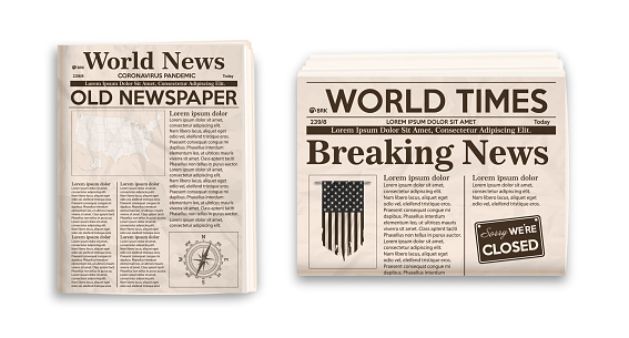 Vector illustration of old newspaper layout. Vertical and horizontal mockup of newspapers isolated on white background.