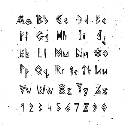 古ノルド語のスカンジナビアのフォントですルーン文字のアルファベットフサルク スタイル文字古代の神秘的なシンボル白ルーン フォントのヴァイキング文字光テクスチャとベクトル図です古代北欧のフォントです アルファベットのベクターアート素材や画像を多数ご用意
