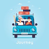Old people are traveling by car. Flat vector illustration in cartoon style.