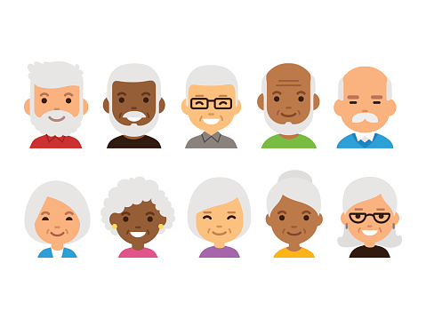 Old people cartoon avatars set. Isolated vector illustration of diverse senior characters.