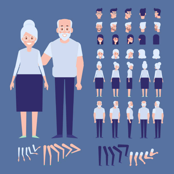 Old people creation set. Vector cartoon characters for animation Front, side, back, 3/4 view animated characters. Elderly people man and woman creation set with various views, hairstyles.  Separate body parts.  Cartoon style, flat vector illustration. nurse face stock illustrations