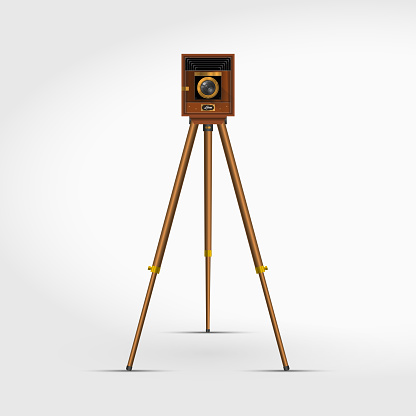 Old Retro Wooden Photo Camera on a Tripod. 3D Realistic Vector Illustration