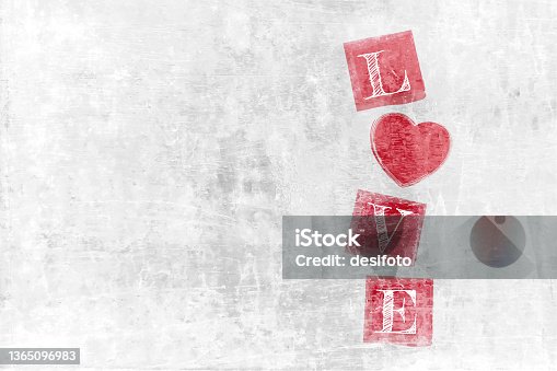 istock Old rustic dirty weathered grayscale light gray or white colored grunge wall textured effect horizontal grayscale love vector backgrounds or wallpaper with red blocks with text L O V E,  with one heart symbolic of O 1365096983