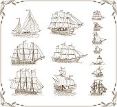 Old sailing ships doodles set. Vector illustration.