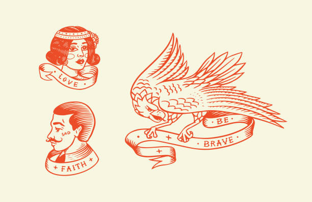 Old school Tattoo. Hipster man and woman and eagle. Engraved hand drawn vintage retro sketch for badge or logo Old school Tattoo. Hipster man and woman and eagle. Engraved hand drawn vintage retro sketch for badge or logo snakes tattoos stock illustrations