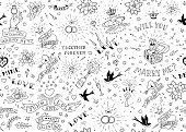 istock Old school tattoos seamles pattern with birds, flowers, roses and hearts. Love and wedding theme. Black and white traditional tattoo design. Vector illustration 929513592