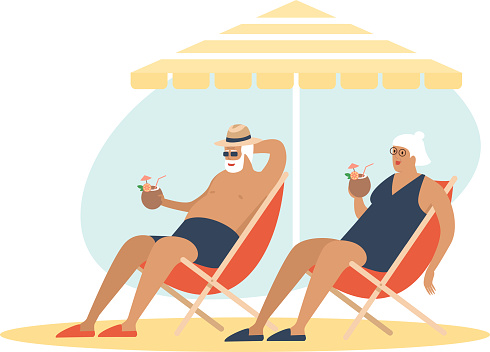 Old senior couple enjoying a coconut cocktail on the beach under parasol together. Carefree retirement, travel, tropical vacation, summer tourism concept.