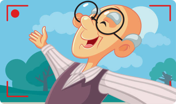 ilustrações de stock, clip art, desenhos animados e ícones de old senior man taking a selfie outside - smartphone filming