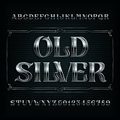 Old Silver alphabet font. Vintage metal letters and numbers. Stock vector typescript for your design.