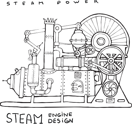 Old steam engine. Vintage illustration