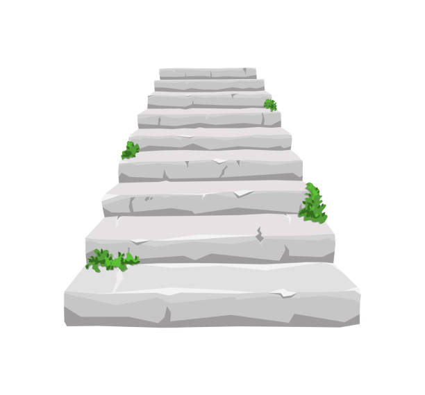 stockillustraties, clipart, cartoons en iconen met old stone staircase with sprouted greenery on a white isolated background. for the house and the old castle. vector illustration of a cartoon - old stone stair