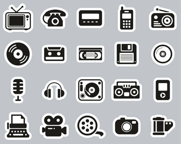 Old Technology Icons Black & White Sticker Set Big This image is a vector illustration and can be scaled to any size without loss of resolution. compact disc illustrations stock illustrations