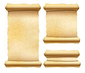 Set of old textured papyrus scrolls different shapes isolated on white