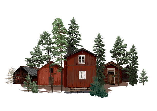 bildbanksillustrationer, clip art samt tecknat material och ikoner med gamla traditionella skandinaviska trähus, omgivna av barrträd. - skog sverige