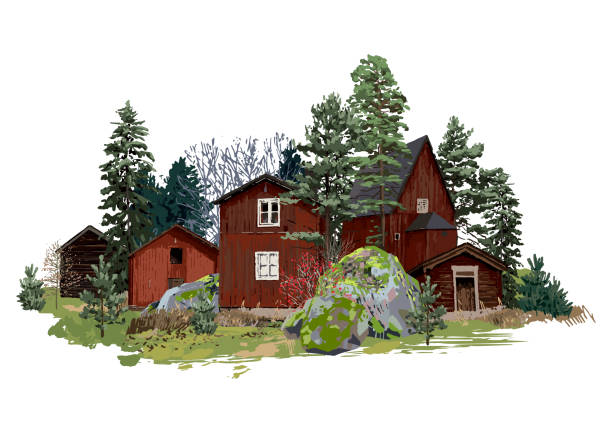 bildbanksillustrationer, clip art samt tecknat material och ikoner med gamla traditionella skandinaviska trähus, omgivna av barrträd och stenar, täckta med mossa. - villa sverige