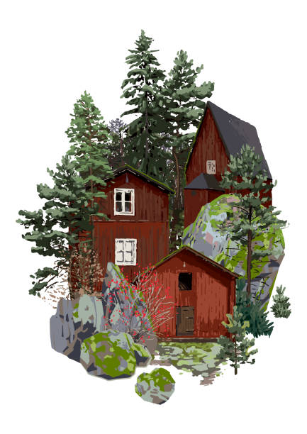 bildbanksillustrationer, clip art samt tecknat material och ikoner med gamla traditionella skandinaviska trähus, omgivna av barrträd och stenar, täckta med mossa. - sweden home