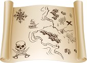 An illustration of an old treasure map on a rolled up paper scroll with x marking the spot. Vector file is eps 10 and uses transparency blends and gradient mesh