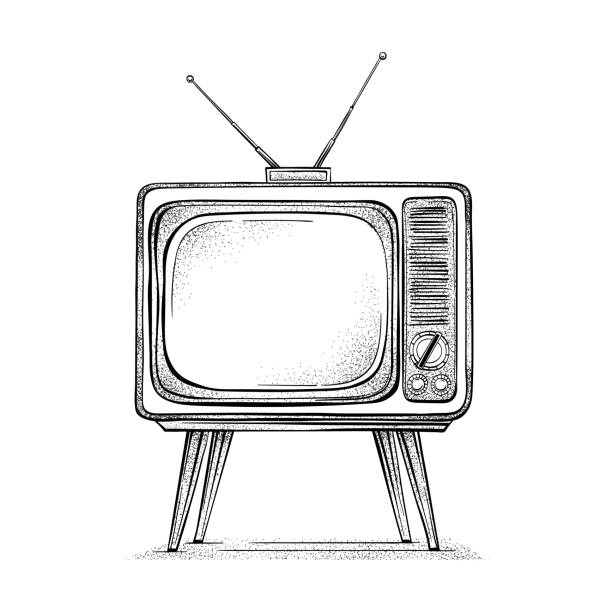 Old TV hand drawn vector Old TV set hand drawn vector illustration. Vintage grunge noise. television industry stock illustrations