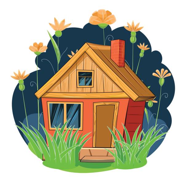 Old village house. Fabulous cartoon object. Cute childish style. Ancient dwelling. Tiny, small. Against the background of a night landscape with butterflies. Isolated on white. Vector Old village house. Fabulous cartoon object. Cute childish style. Ancient dwelling. Tiny, small. Against the background of a night landscape with butterflies. Isolated on white. Vector butterfly fairy flower white background stock illustrations