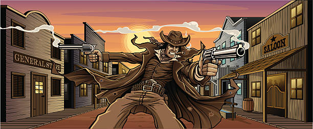 Old West Gunslinger: Town Version Vector illustration of an old west gunslinger wearing a long trench coat, two gun belts, a cowboy hat and smoking a cigar while in a gunfight. Gunman is shooting two revolvers in front of an old western town at sunset. Entire town is fully rendered behind cowboy and includes a general store, saloon, feed store, gun shop, hotel and several other highly detailed buildings. wild west shootout stock illustrations