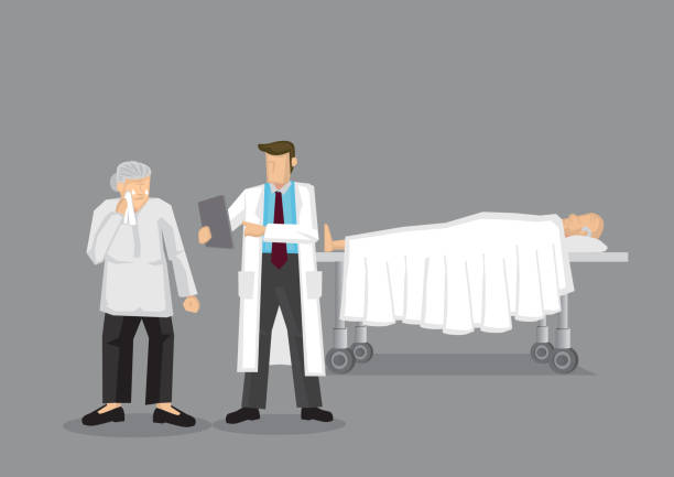 Old Wife Worried About Old Husband Health Cartoon Vector Illustration Young doctor attending to weeping old woman and old man lying on the bed in the background. Cartoon vector illustration on health care issues among older people concept. old man crying stock illustrations